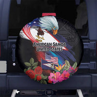 American Samoa and United States Together Spare Tire Cover National Flag with Eagle-Hibiscus and Rose LT03 No hole Black - Polynesian Pride