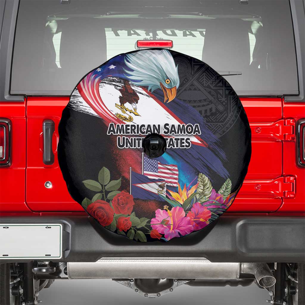 American Samoa and United States Together Spare Tire Cover National Flag with Eagle-Hibiscus and Rose LT03 - Polynesian Pride