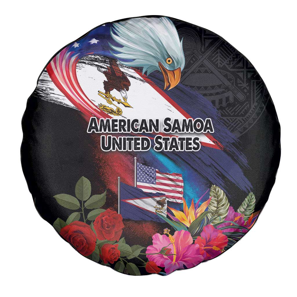 American Samoa and United States Together Spare Tire Cover National Flag with Eagle-Hibiscus and Rose LT03 - Polynesian Pride