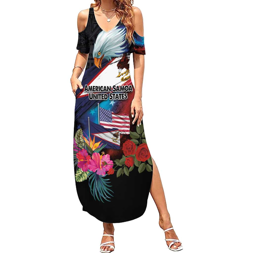 American Samoa and United States Together Summer Maxi Dress National Flag with Eagle-Hibiscus and Rose