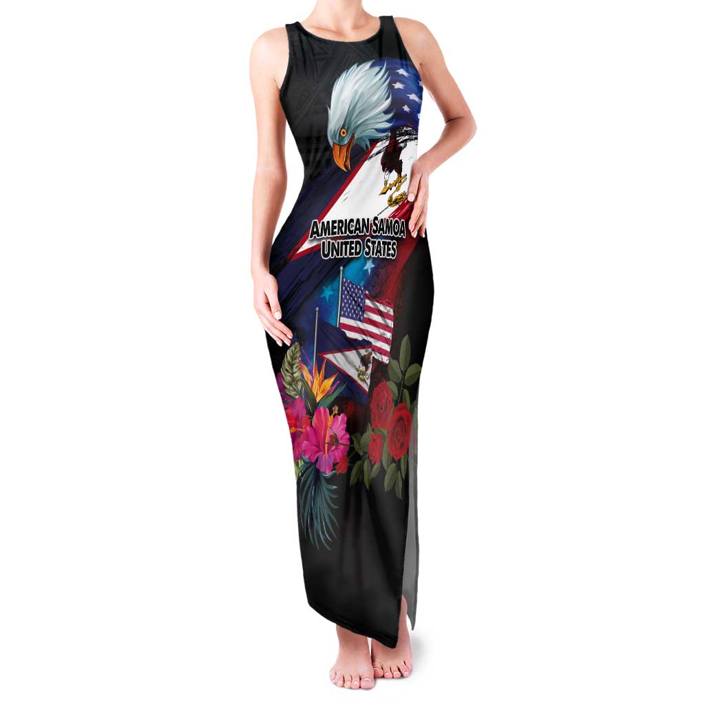 American Samoa and United States Together Tank Maxi Dress National Flag with Eagle-Hibiscus and Rose LT03 Women Black - Polynesian Pride