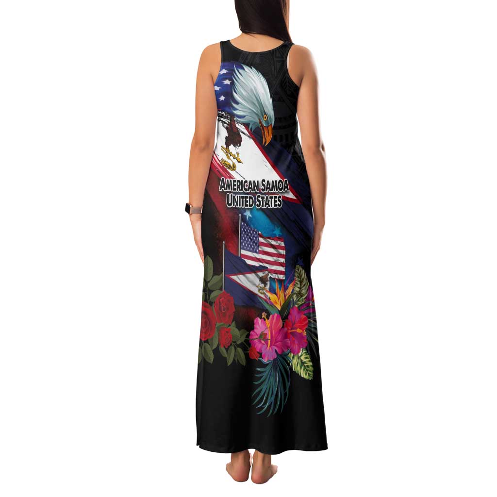 American Samoa and United States Together Tank Maxi Dress National Flag with Eagle-Hibiscus and Rose LT03 - Polynesian Pride