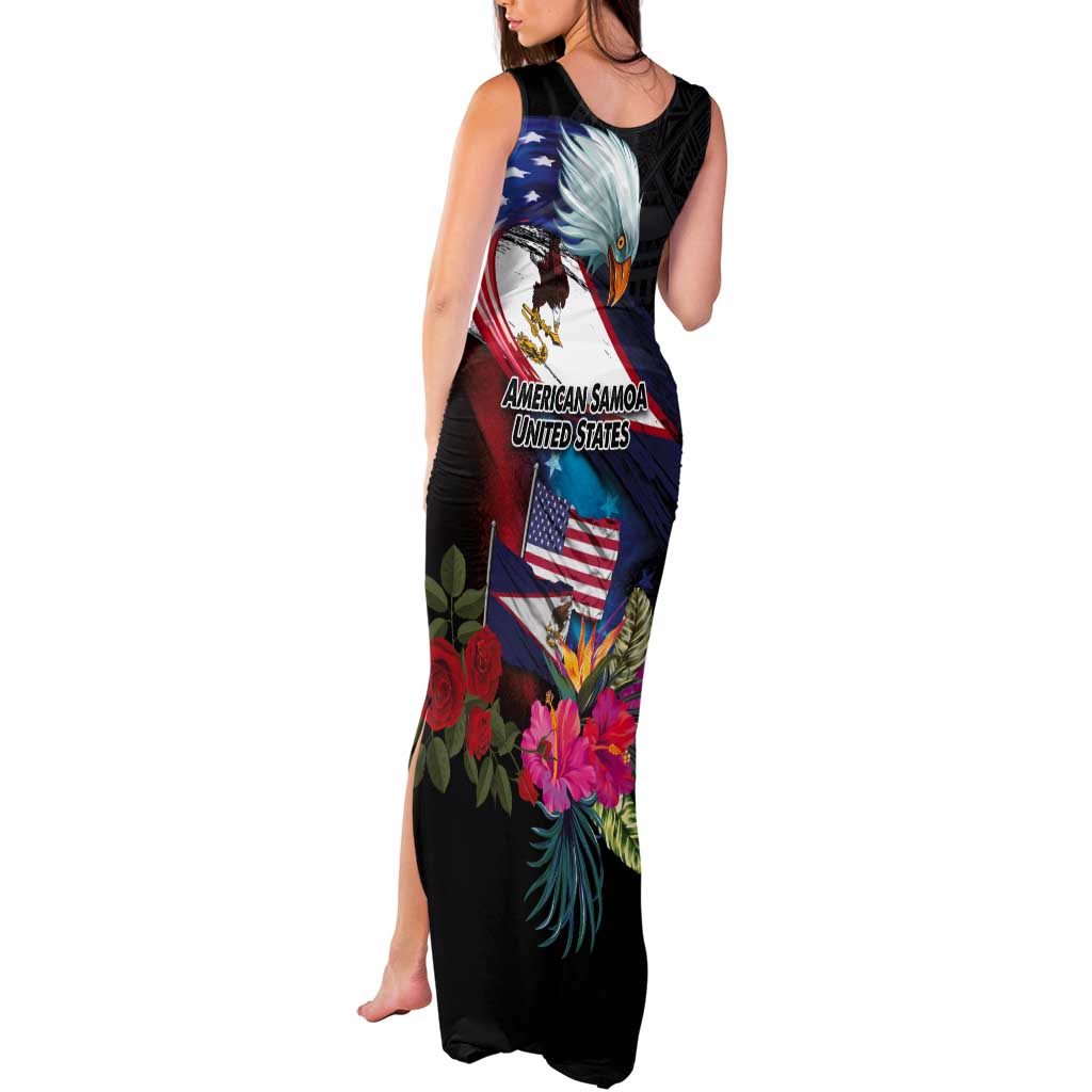 American Samoa and United States Together Tank Maxi Dress National Flag with Eagle-Hibiscus and Rose LT03 - Polynesian Pride