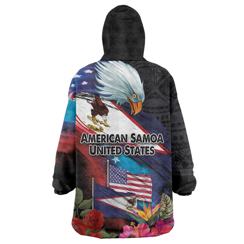 American Samoa and United States Together Wearable Blanket Hoodie National Flag with Eagle-Hibiscus and Rose LT03 - Polynesian Pride