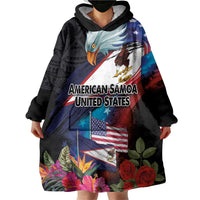 American Samoa and United States Together Wearable Blanket Hoodie National Flag with Eagle-Hibiscus and Rose LT03 - Polynesian Pride