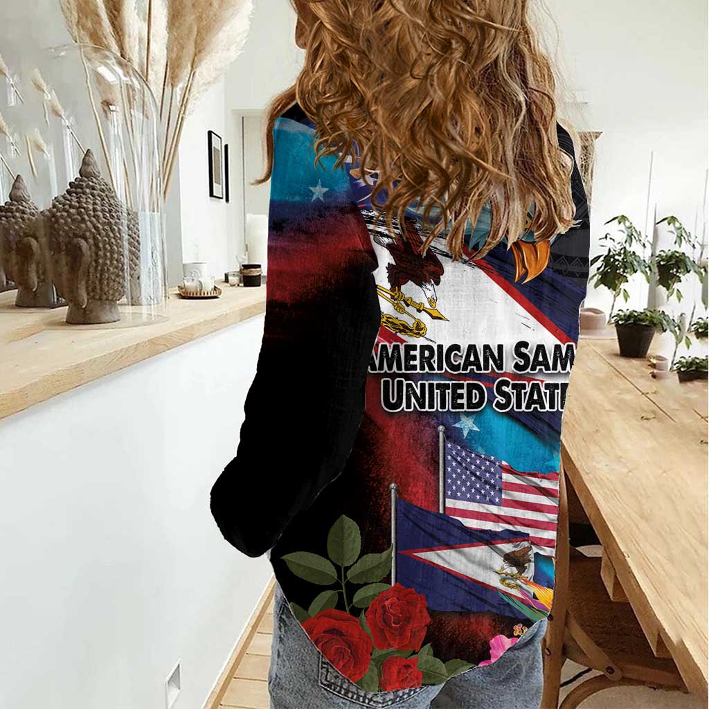 American Samoa and United States Together Women Casual Shirt National Flag with Eagle-Hibiscus and Rose LT03 - Polynesian Pride