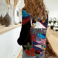 American Samoa and United States Together Women Casual Shirt National Flag with Eagle-Hibiscus and Rose LT03 - Polynesian Pride