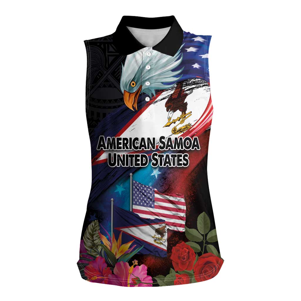 American Samoa and United States Together Women Sleeveless Polo Shirt National Flag with Eagle-Hibiscus and Rose LT03 Female Black - Polynesian Pride