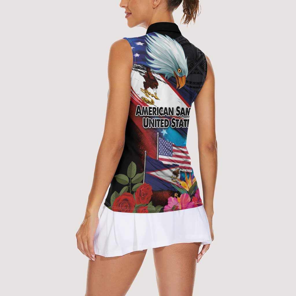 American Samoa and United States Together Women Sleeveless Polo Shirt National Flag with Eagle-Hibiscus and Rose LT03 - Polynesian Pride