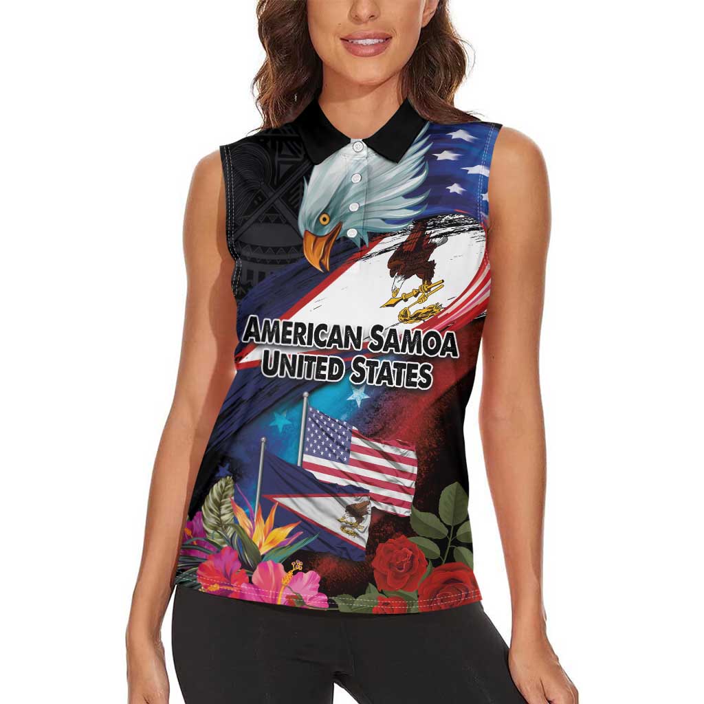 American Samoa and United States Together Women Sleeveless Polo Shirt National Flag with Eagle-Hibiscus and Rose LT03 - Polynesian Pride