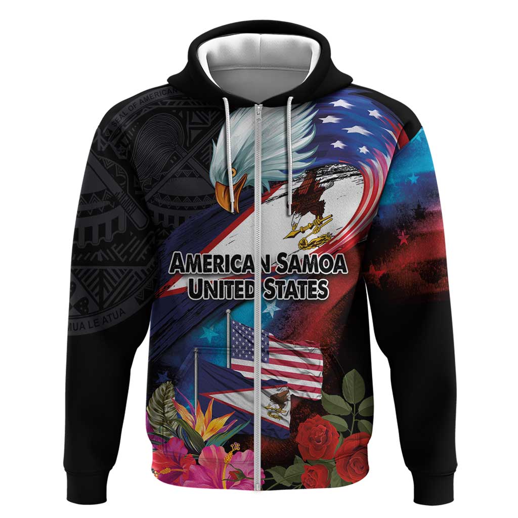 American Samoa and United States Together Zip Hoodie National Flag with Eagle-Hibiscus and Rose LT03 Zip Hoodie Black - Polynesian Pride