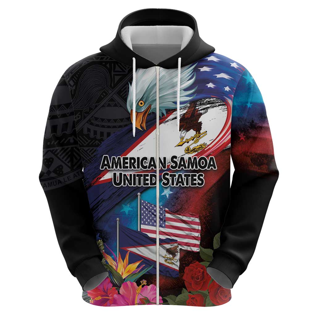 American Samoa and United States Together Zip Hoodie National Flag with Eagle-Hibiscus and Rose LT03 - Polynesian Pride