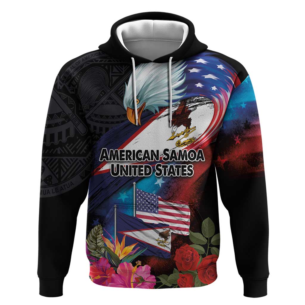 American Samoa and United States Together Zip Hoodie National Flag with Eagle-Hibiscus and Rose LT03 Pullover Hoodie Black - Polynesian Pride