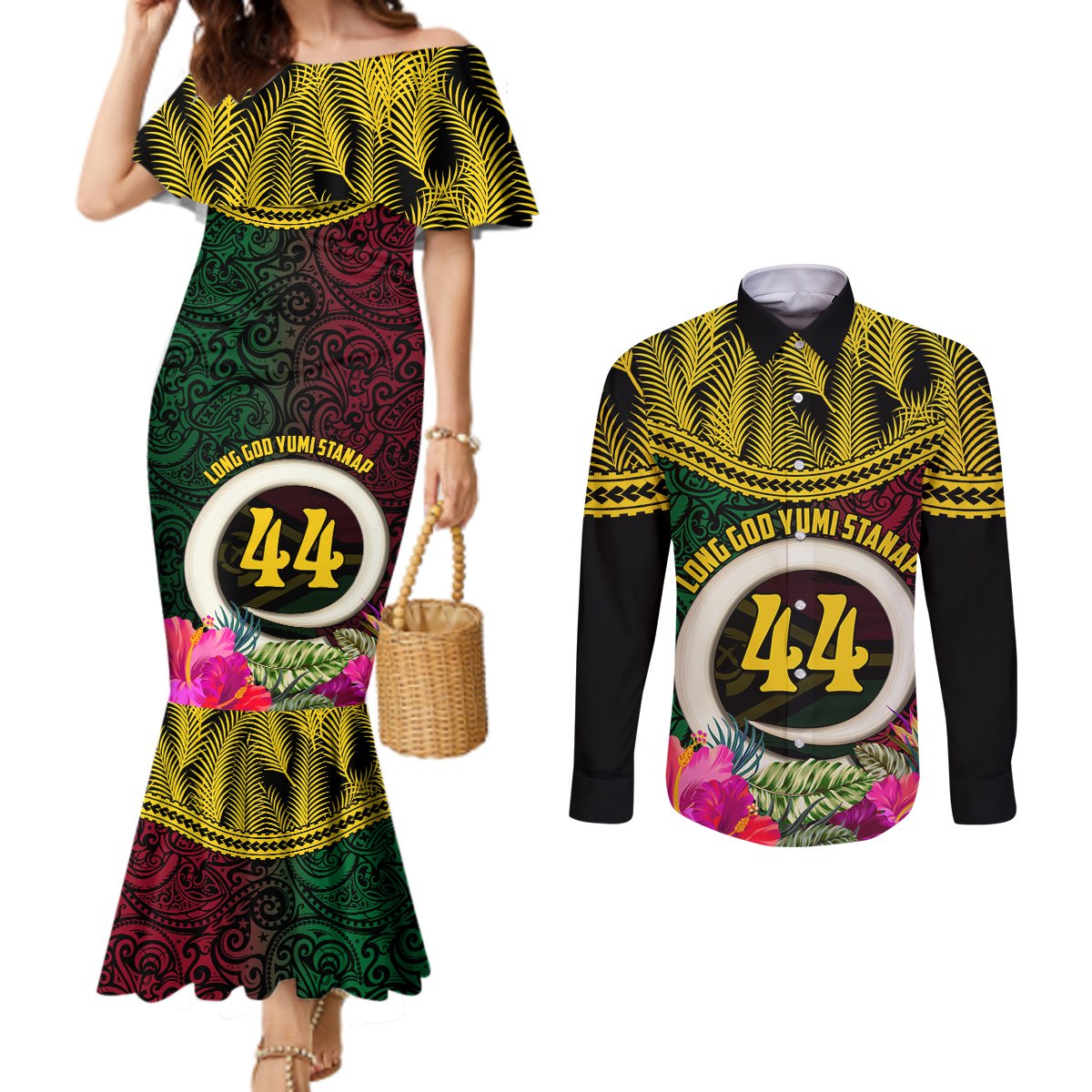 Vanuatu 44th Anniversary Independence Day Couples Matching Mermaid Dress and Long Sleeve Button Shirt Boars Tusk and Namele Plant LT03 Black - Polynesian Pride