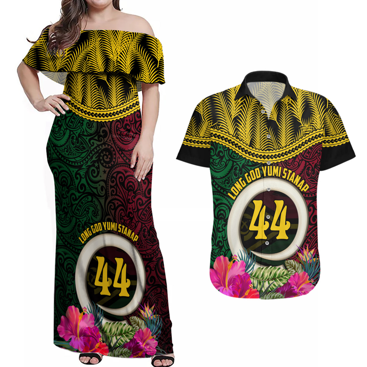 Vanuatu 44th Anniversary Independence Day Couples Matching Off Shoulder Maxi Dress and Hawaiian Shirt Boars Tusk and Namele Plant LT03 Black - Polynesian Pride