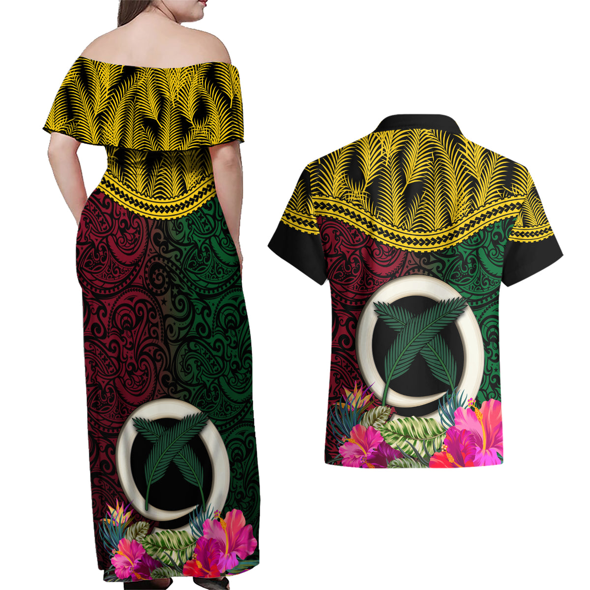 Vanuatu 44th Anniversary Independence Day Couples Matching Off Shoulder Maxi Dress and Hawaiian Shirt Boars Tusk and Namele Plant LT03 - Polynesian Pride