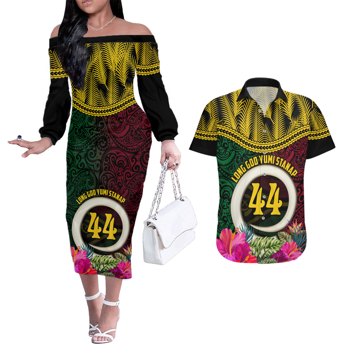 Vanuatu 44th Anniversary Independence Day Couples Matching Off The Shoulder Long Sleeve Dress and Hawaiian Shirt Boars Tusk and Namele Plant LT03 Black - Polynesian Pride