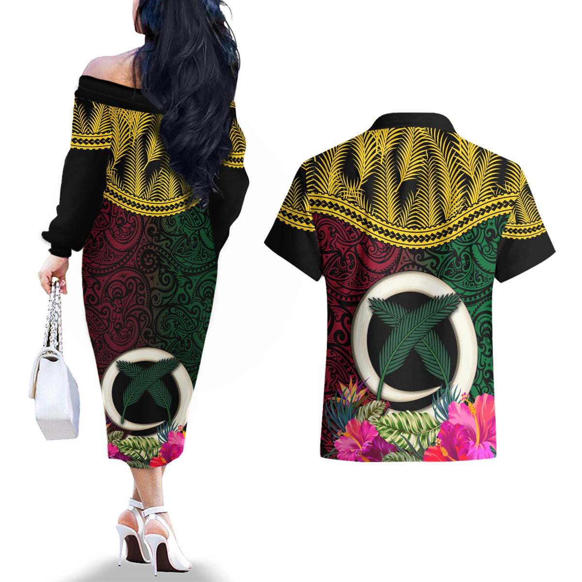 Vanuatu 44th Anniversary Independence Day Couples Matching Off The Shoulder Long Sleeve Dress and Hawaiian Shirt Boars Tusk and Namele Plant LT03 - Polynesian Pride