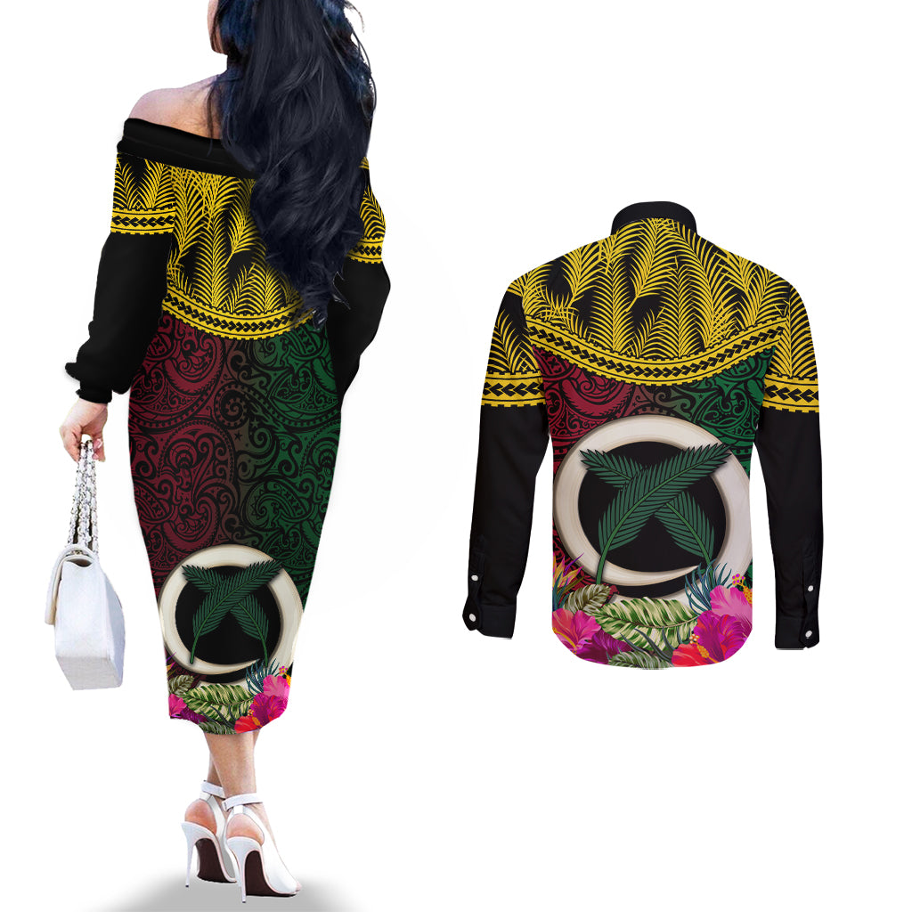 Vanuatu 44th Anniversary Independence Day Couples Matching Off The Shoulder Long Sleeve Dress and Long Sleeve Button Shirt Boars Tusk and Namele Plant LT03 - Polynesian Pride
