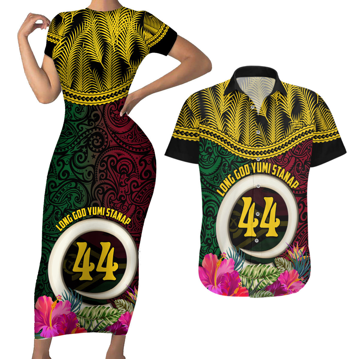 Vanuatu 44th Anniversary Independence Day Couples Matching Short Sleeve Bodycon Dress and Hawaiian Shirt Boars Tusk and Namele Plant LT03 Black - Polynesian Pride