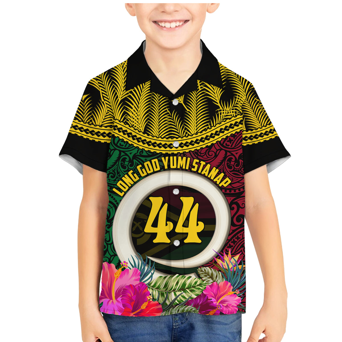 Vanuatu 44th Anniversary Independence Day Family Matching Mermaid Dress and Hawaiian Shirt Boars Tusk and Namele Plant LT03 Son's Shirt Black - Polynesian Pride