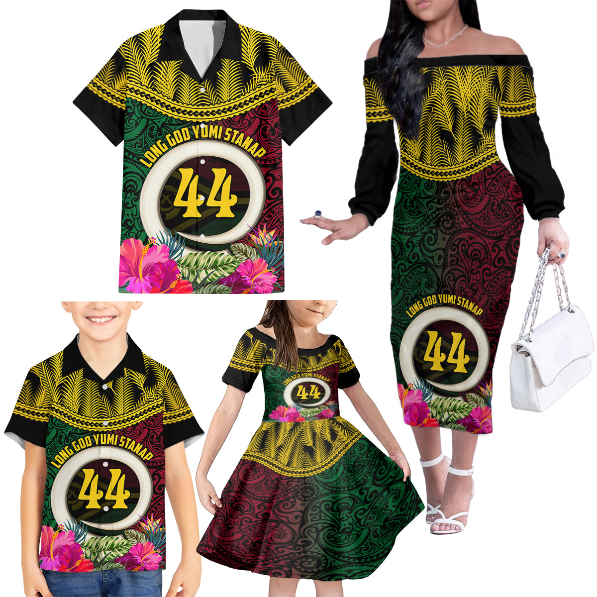 Vanuatu 44th Anniversary Independence Day Family Matching Off The Shoulder Long Sleeve Dress and Hawaiian Shirt Boars Tusk and Namele Plant LT03 - Polynesian Pride