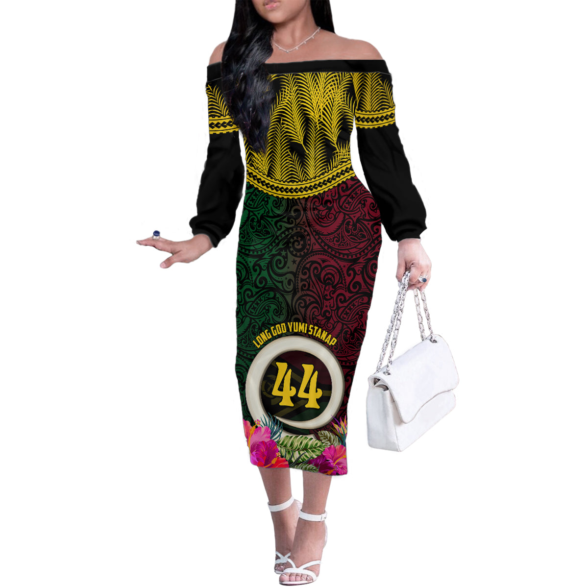 Vanuatu 44th Anniversary Independence Day Family Matching Off The Shoulder Long Sleeve Dress and Hawaiian Shirt Boars Tusk and Namele Plant LT03 Mom's Dress Black - Polynesian Pride