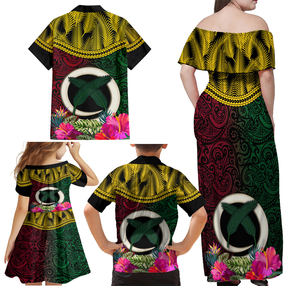 Vanuatu 44th Anniversary Independence Day Family Matching Off Shoulder Maxi Dress and Hawaiian Shirt Boars Tusk and Namele Plant LT03 - Polynesian Pride