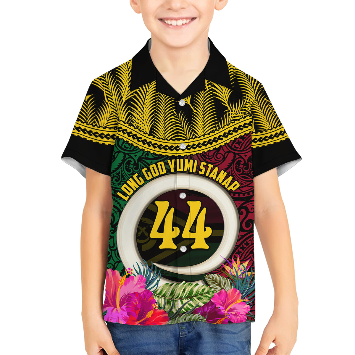 Vanuatu 44th Anniversary Independence Day Family Matching Off Shoulder Short Dress and Hawaiian Shirt Boars Tusk and Namele Plant LT03 Son's Shirt Black - Polynesian Pride