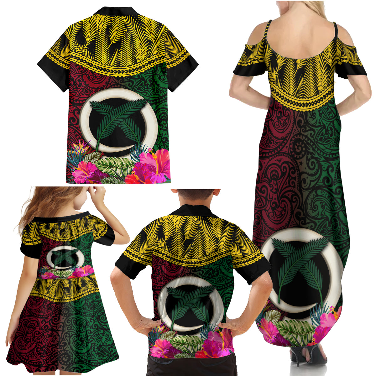 Vanuatu 44th Anniversary Independence Day Family Matching Summer Maxi Dress and Hawaiian Shirt Boars Tusk and Namele Plant LT03 - Polynesian Pride