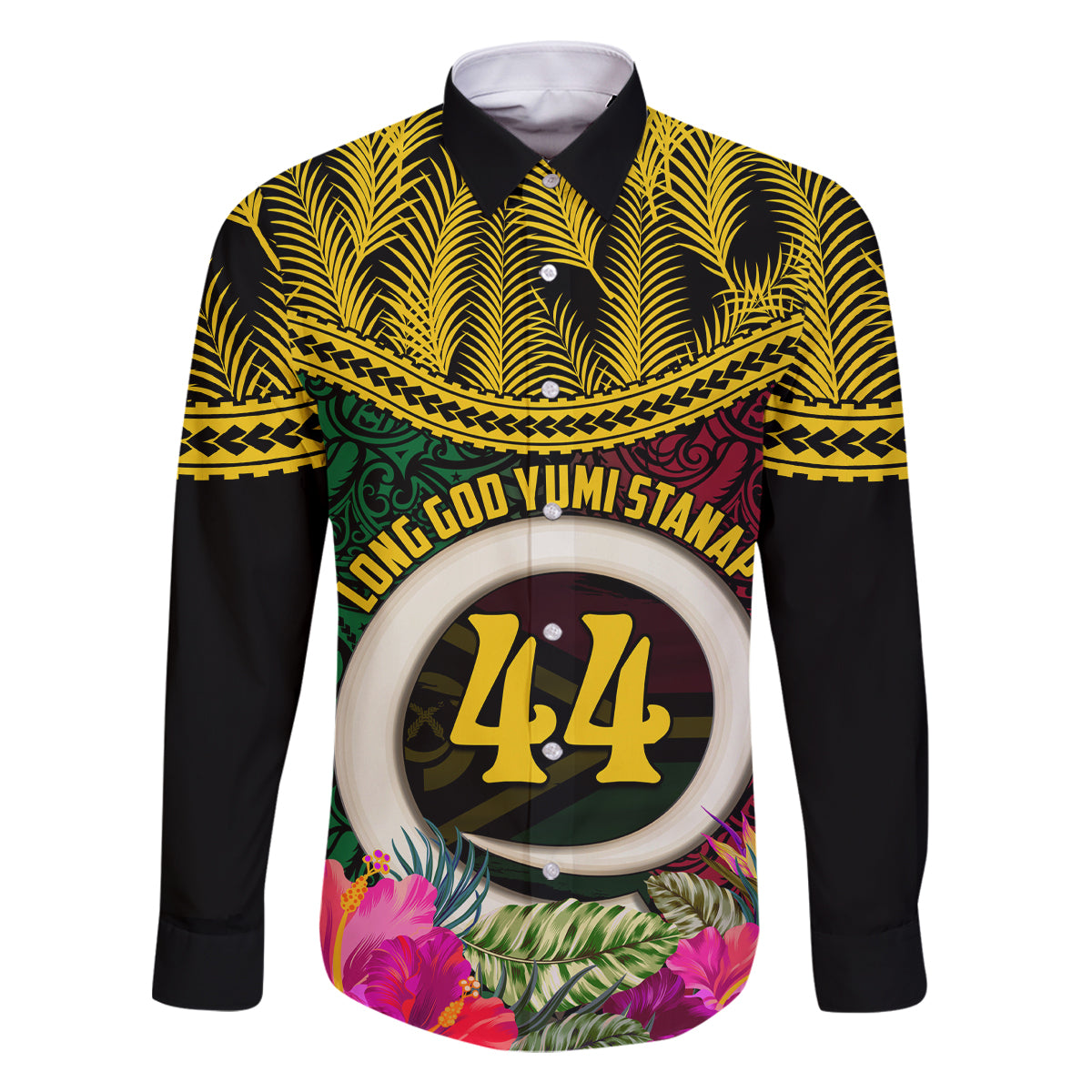 Vanuatu 44th Anniversary Independence Day Family Matching Summer Maxi Dress and Hawaiian Shirt Boars Tusk and Namele Plant LT03 Dad's Shirt - Long Sleeve Black - Polynesian Pride