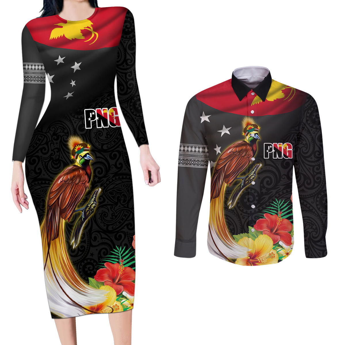 Papua New Guinea Independence Day Couples Matching Long Sleeve Bodycon Dress and Long Sleeve Button Shirt PNG Flag and Bird-of-Paradise LT03 Black - Polynesian Pride