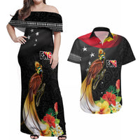 Papua New Guinea Independence Day Couples Matching Off Shoulder Maxi Dress and Hawaiian Shirt PNG Flag and Bird-of-Paradise LT03 Black - Polynesian Pride