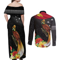 Papua New Guinea Independence Day Couples Matching Off Shoulder Maxi Dress and Long Sleeve Button Shirt PNG Flag and Bird-of-Paradise LT03 - Polynesian Pride