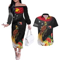 Papua New Guinea Independence Day Couples Matching Off The Shoulder Long Sleeve Dress and Hawaiian Shirt PNG Flag and Bird-of-Paradise LT03 Black - Polynesian Pride