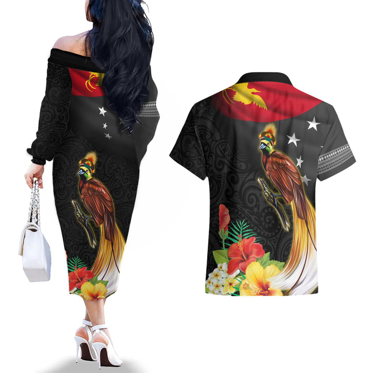 Papua New Guinea Independence Day Couples Matching Off The Shoulder Long Sleeve Dress and Hawaiian Shirt PNG Flag and Bird-of-Paradise LT03 - Polynesian Pride