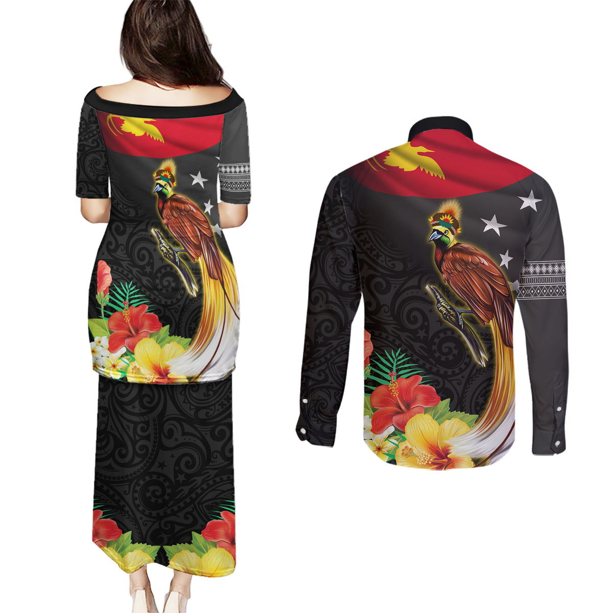 Papua New Guinea Independence Day Couples Matching Puletasi and Long Sleeve Button Shirt PNG Flag and Bird-of-Paradise LT03 - Polynesian Pride
