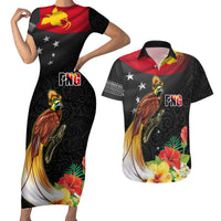 Papua New Guinea Independence Day Couples Matching Short Sleeve Bodycon Dress and Hawaiian Shirt PNG Flag and Bird-of-Paradise LT03 Black - Polynesian Pride