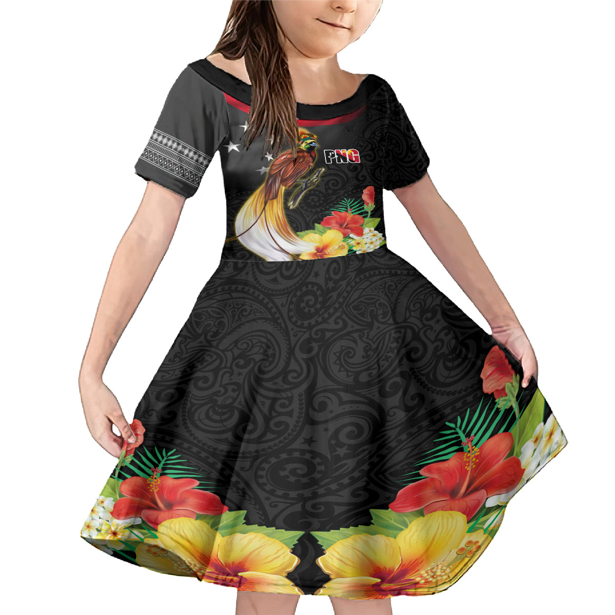 Papua New Guinea Independence Day Family Matching Mermaid Dress and Hawaiian Shirt PNG Flag and Bird-of-Paradise LT03 Daughter's Dress Black - Polynesian Pride