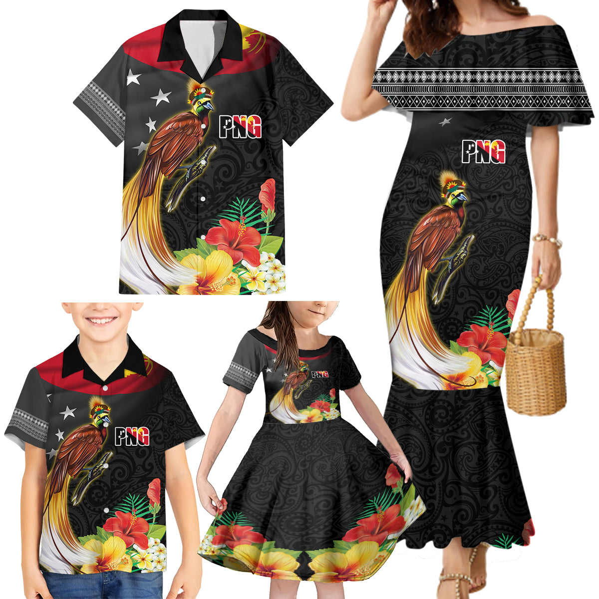 Papua New Guinea Independence Day Family Matching Mermaid Dress and Hawaiian Shirt PNG Flag and Bird-of-Paradise LT03 - Polynesian Pride
