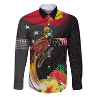 Papua New Guinea Independence Day Family Matching Mermaid Dress and Hawaiian Shirt PNG Flag and Bird-of-Paradise LT03 Dad's Shirt - Long Sleeve Black - Polynesian Pride
