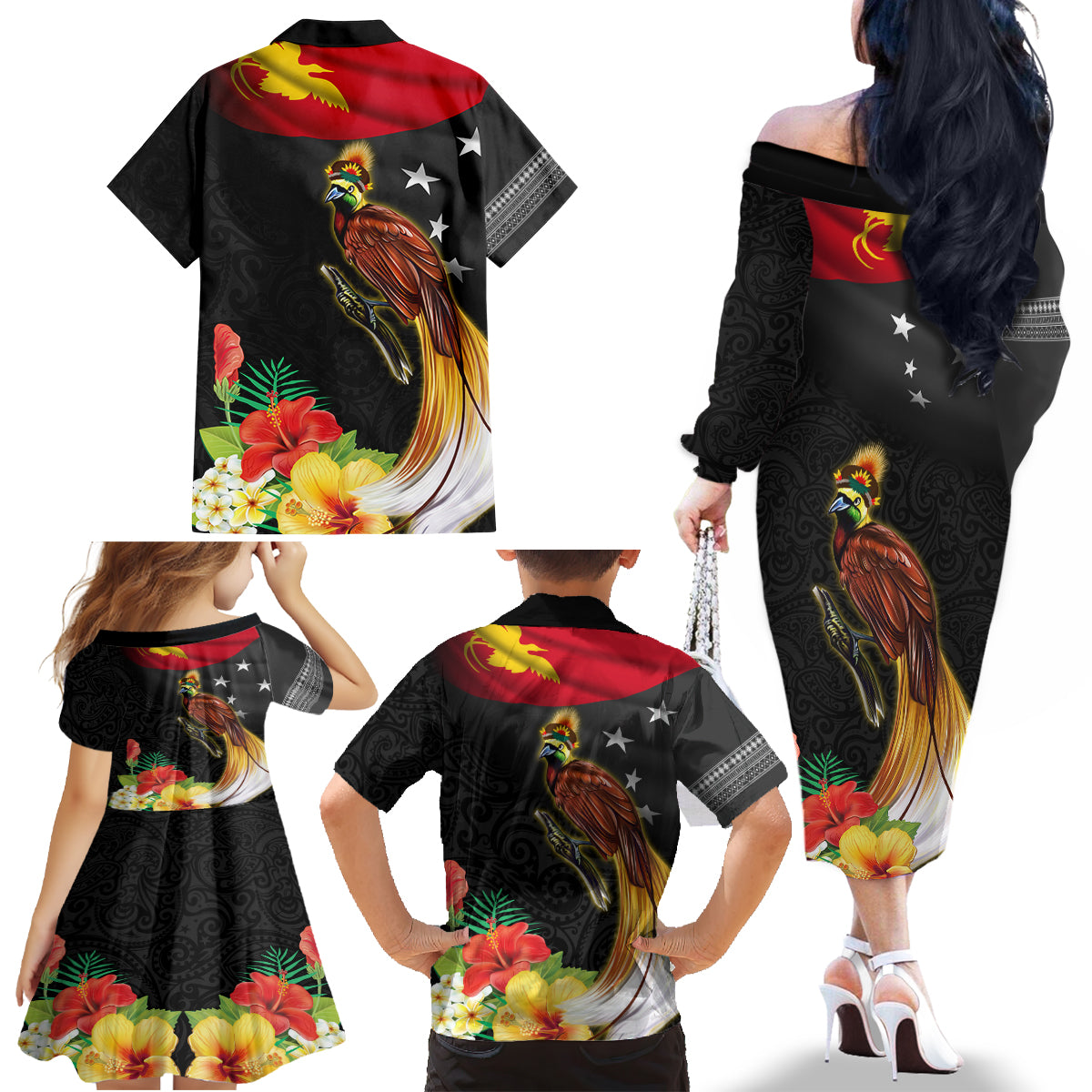 Papua New Guinea Independence Day Family Matching Off The Shoulder Long Sleeve Dress and Hawaiian Shirt PNG Flag and Bird-of-Paradise LT03 - Polynesian Pride