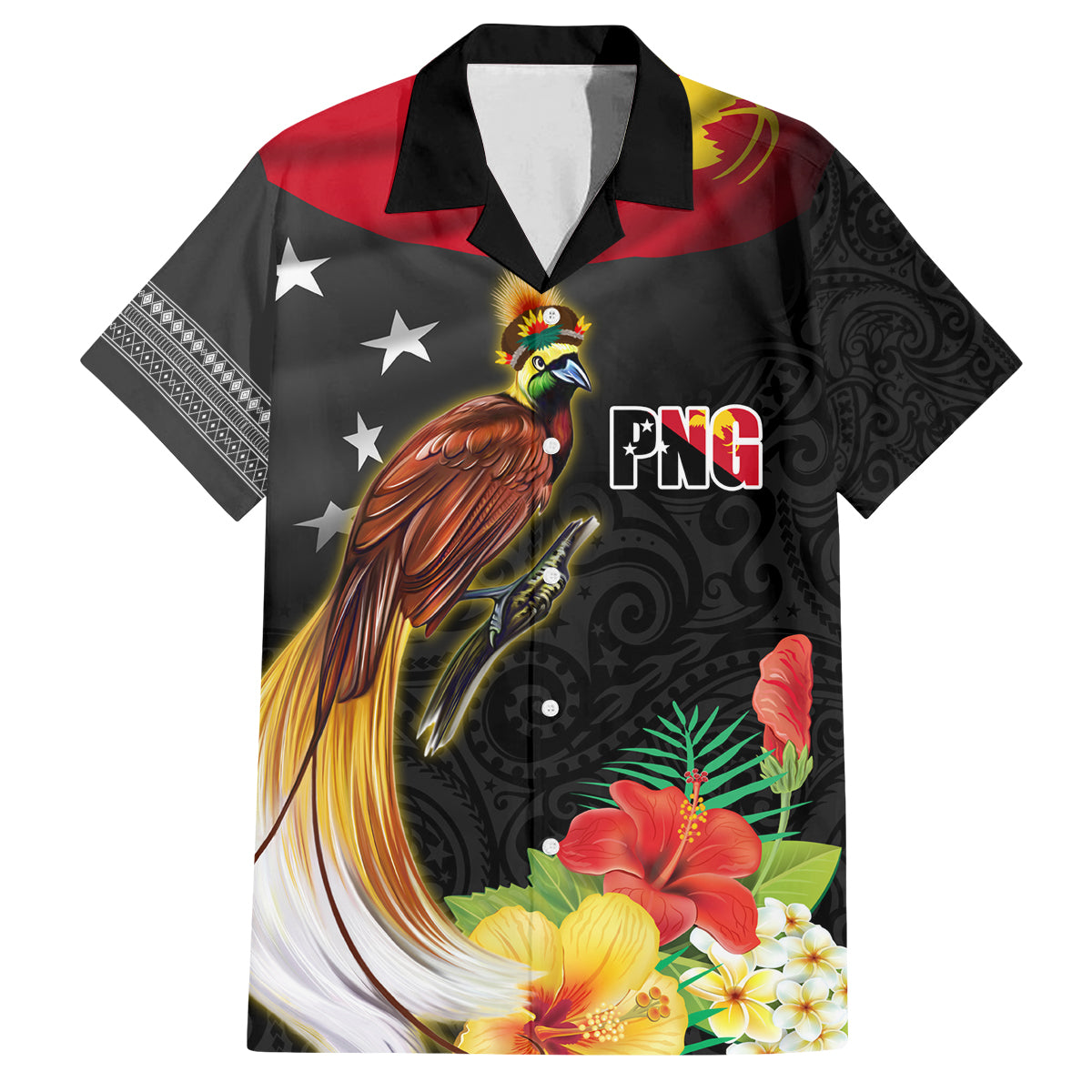 Papua New Guinea Independence Day Family Matching Off The Shoulder Long Sleeve Dress and Hawaiian Shirt PNG Flag and Bird-of-Paradise LT03 Dad's Shirt - Short Sleeve Black - Polynesian Pride