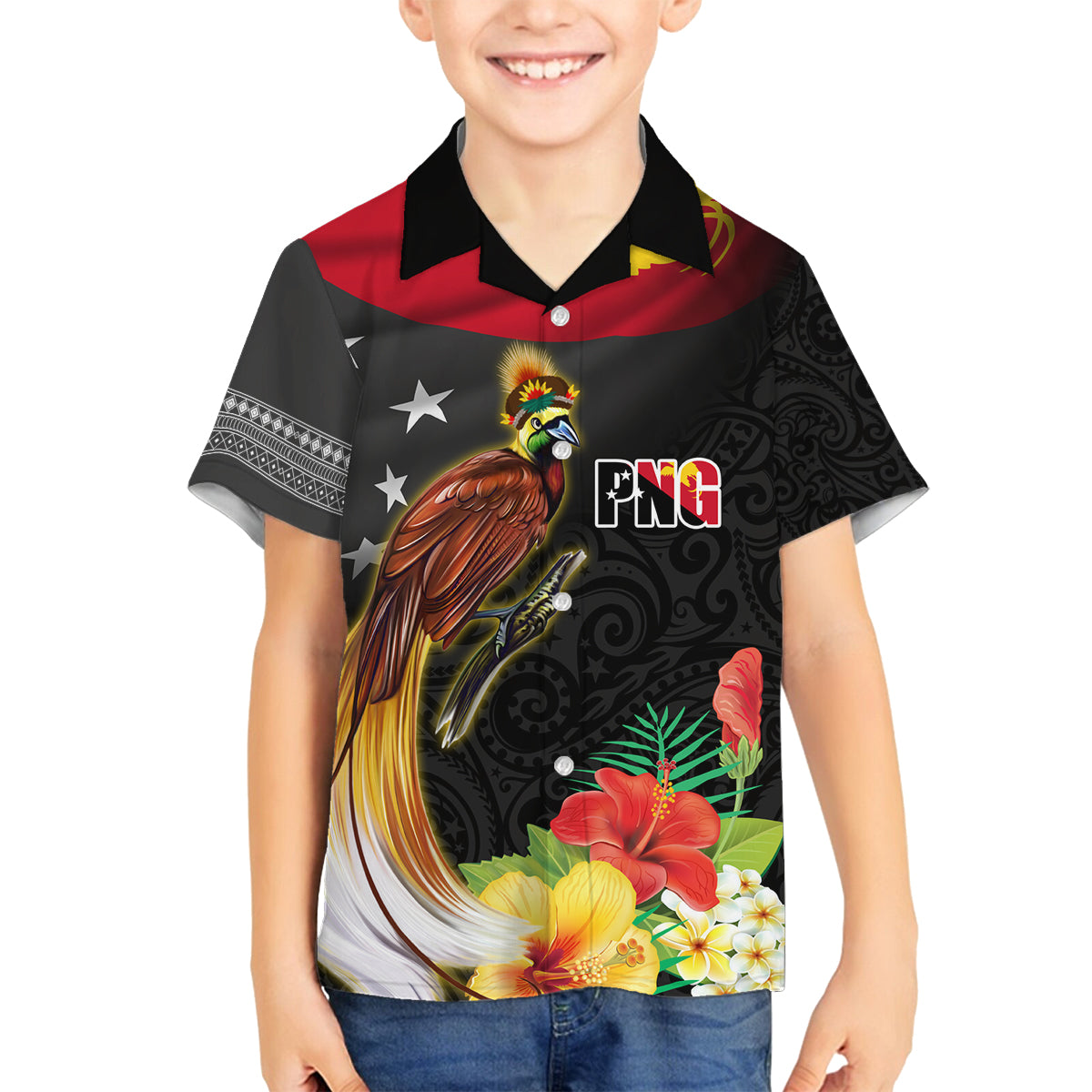 Papua New Guinea Independence Day Family Matching Off Shoulder Maxi Dress and Hawaiian Shirt PNG Flag and Bird-of-Paradise LT03 Son's Shirt Black - Polynesian Pride
