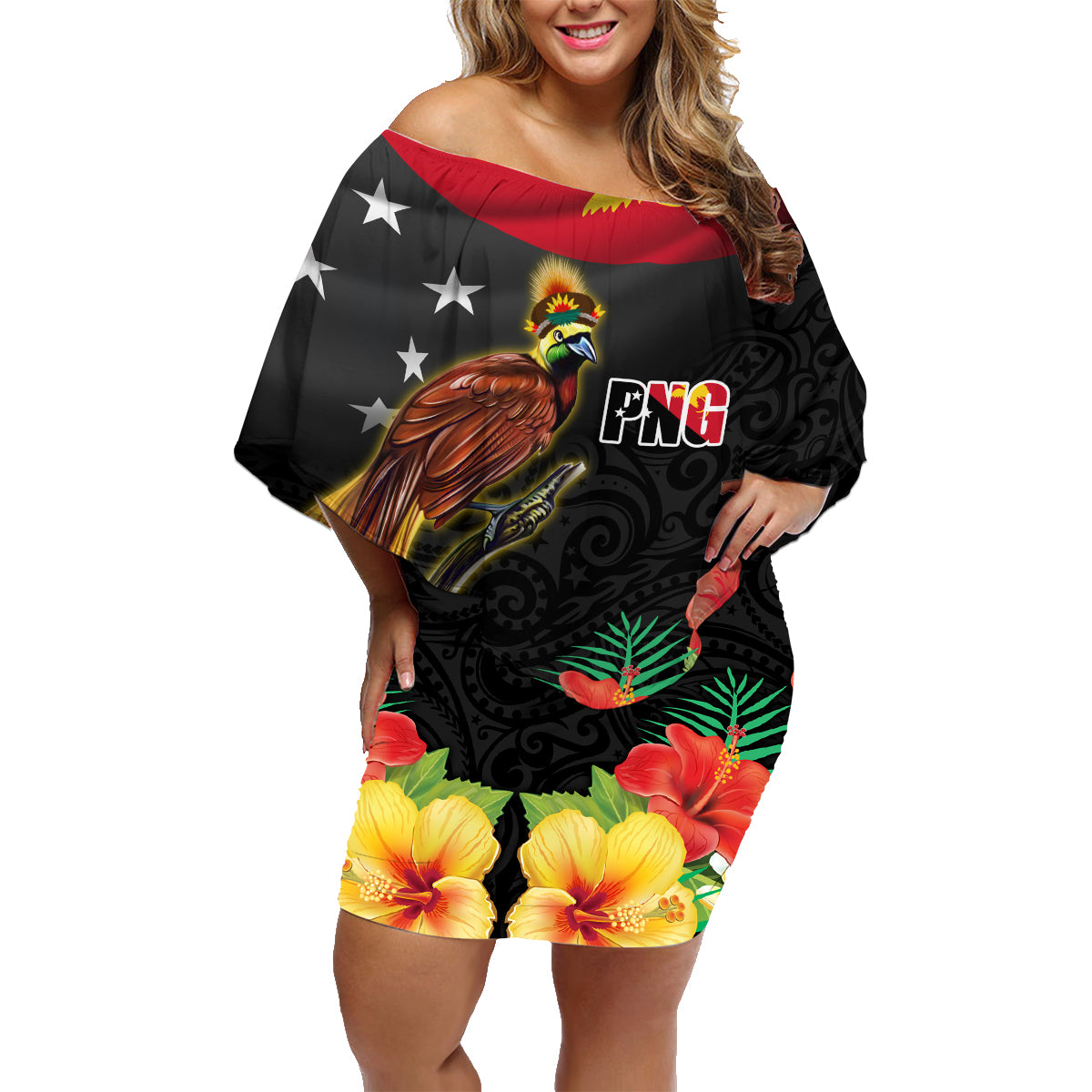 Papua New Guinea Independence Day Family Matching Off Shoulder Short Dress and Hawaiian Shirt PNG Flag and Bird-of-Paradise LT03 Mom's Dress Black - Polynesian Pride