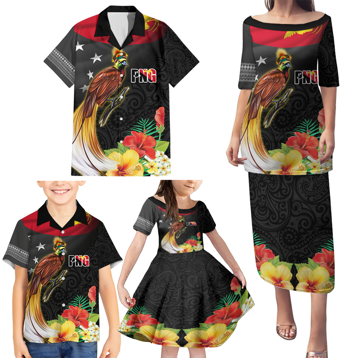 Papua New Guinea Independence Day Family Matching Puletasi and Hawaiian Shirt PNG Flag and Bird-of-Paradise LT03 - Polynesian Pride