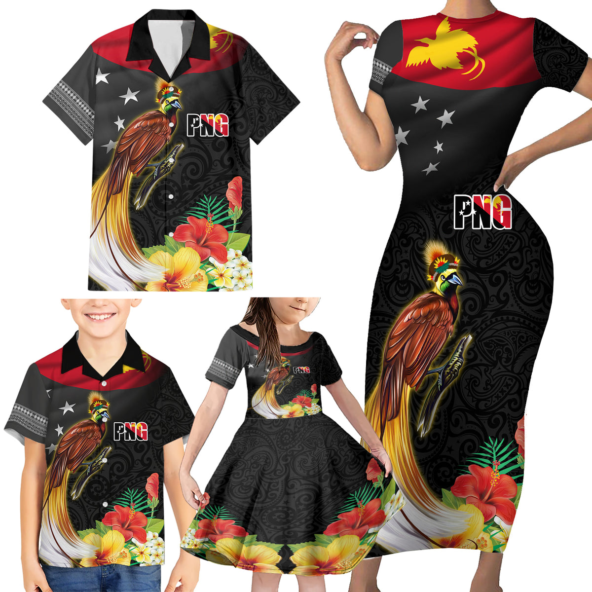 Papua New Guinea Independence Day Family Matching Short Sleeve Bodycon Dress and Hawaiian Shirt PNG Flag and Bird-of-Paradise LT03 - Polynesian Pride