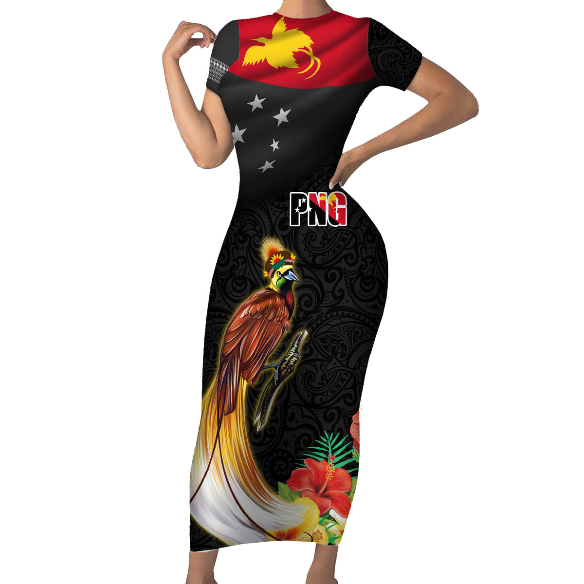 Papua New Guinea Independence Day Family Matching Short Sleeve Bodycon Dress and Hawaiian Shirt PNG Flag and Bird-of-Paradise LT03 Mom's Dress Black - Polynesian Pride