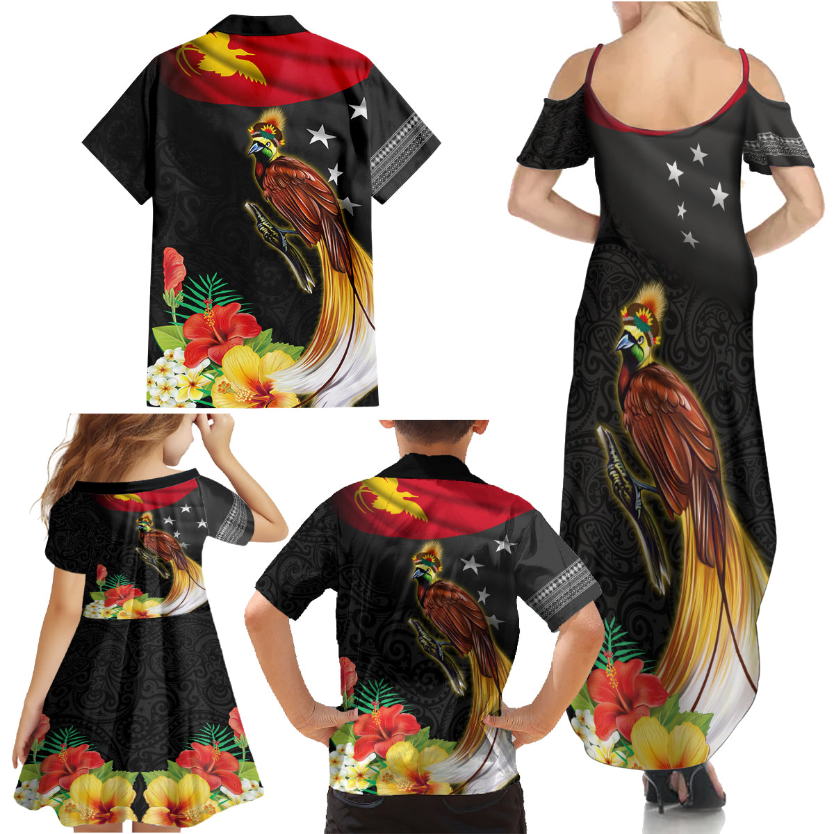 Papua New Guinea Independence Day Family Matching Summer Maxi Dress and Hawaiian Shirt PNG Flag and Bird-of-Paradise LT03 - Polynesian Pride