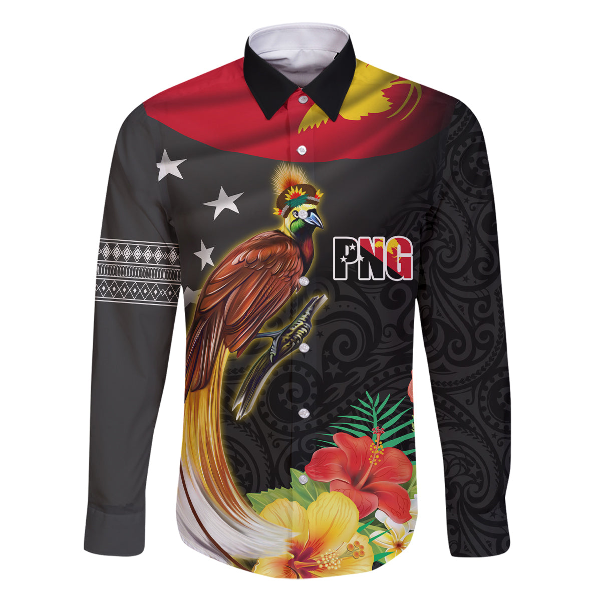 Papua New Guinea Independence Day Family Matching Summer Maxi Dress and Hawaiian Shirt PNG Flag and Bird-of-Paradise LT03 Dad's Shirt - Long Sleeve Black - Polynesian Pride